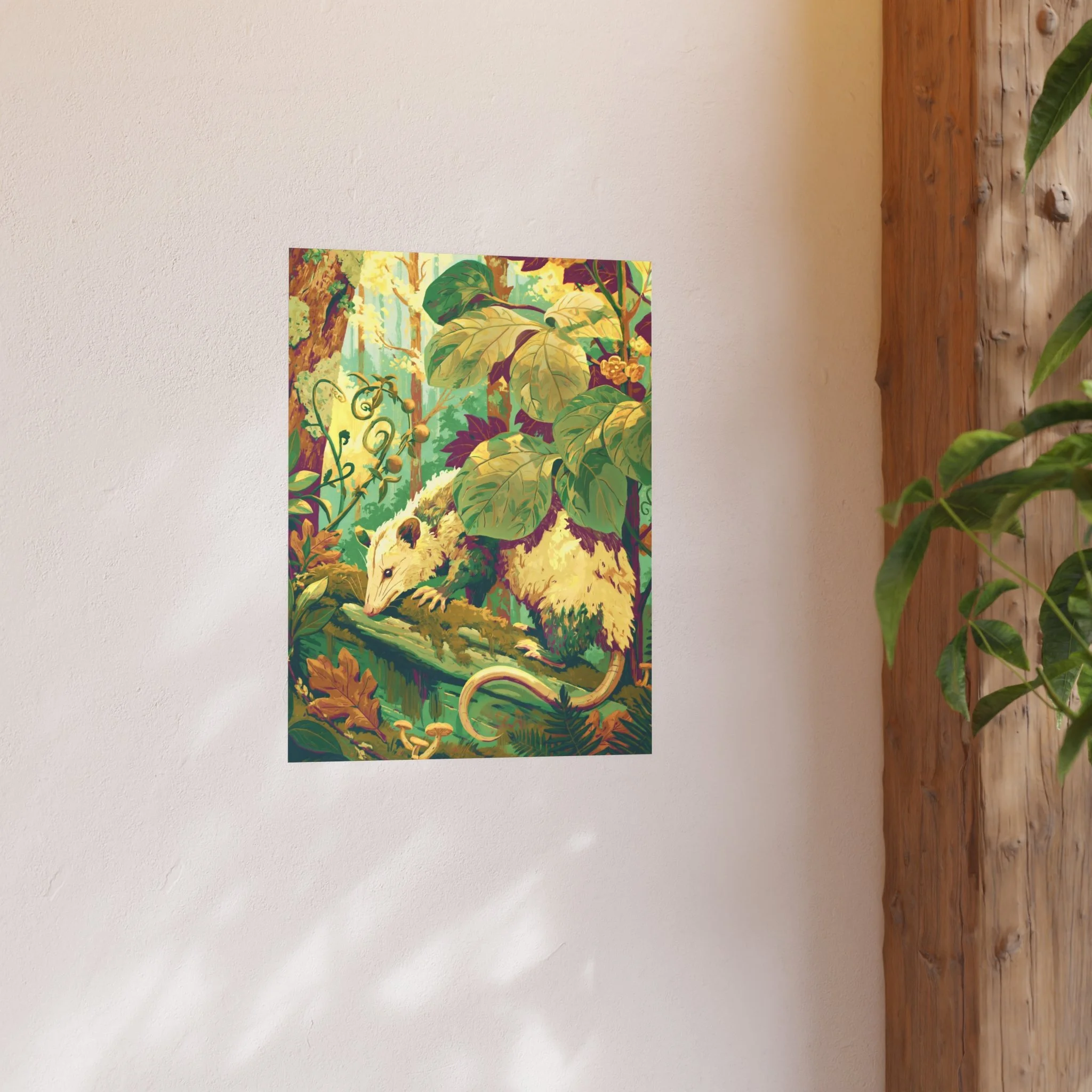 Opossum on the Mossy Log 18x24 vertical art print showing a Virginia opossum crossing a moss-covered log beneath luminous woodland leaves shown in a room for scale