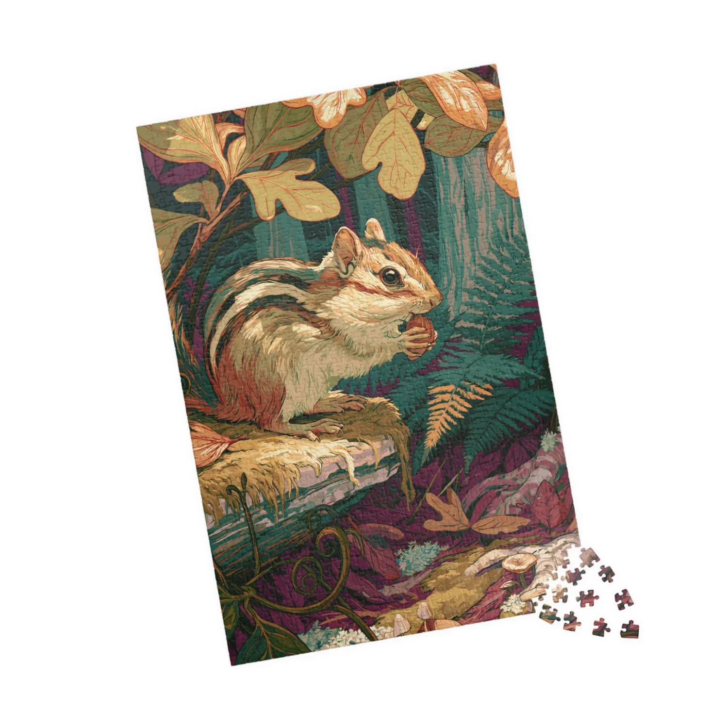 Partly assembled Chipmunk Under the Sassafras jigsaw puzzle with loose pieces beside the lower edge