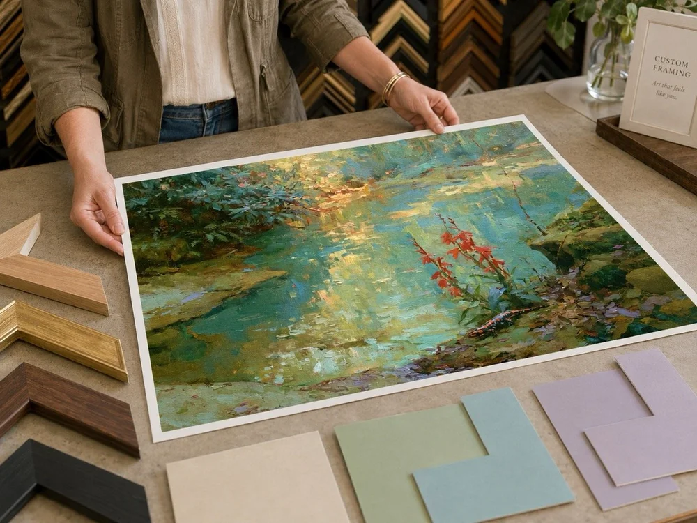 Cardinal Flowers at Water’s Edge giclée print with mat and frame samples