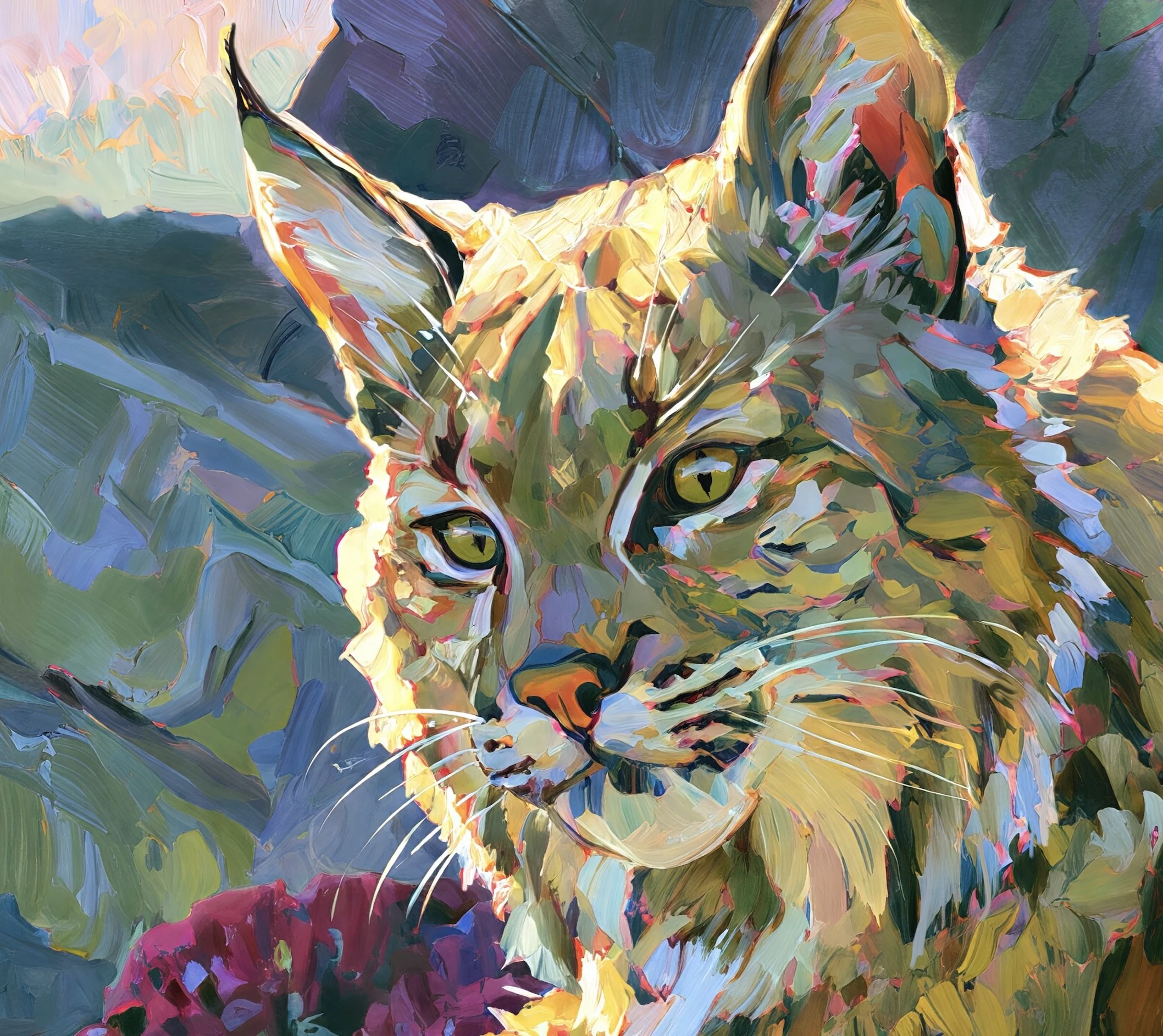 Wildcat Over the Gorge detail by RStepek showing bobcat, sandstone, mountain laurel, moss, and lichen