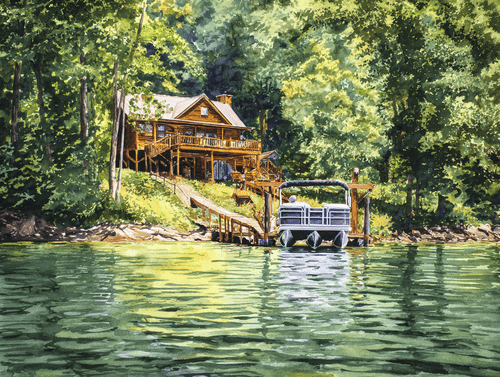 Custom artwork of a Lake Cumberland cabin, dock and tritoon boat
