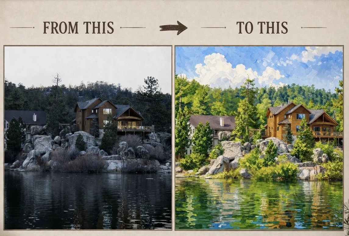 Comparison of a winter photo of a house on a rocky shoreline with a colorful painting of the same scene, featuring a house among trees reflected in water.