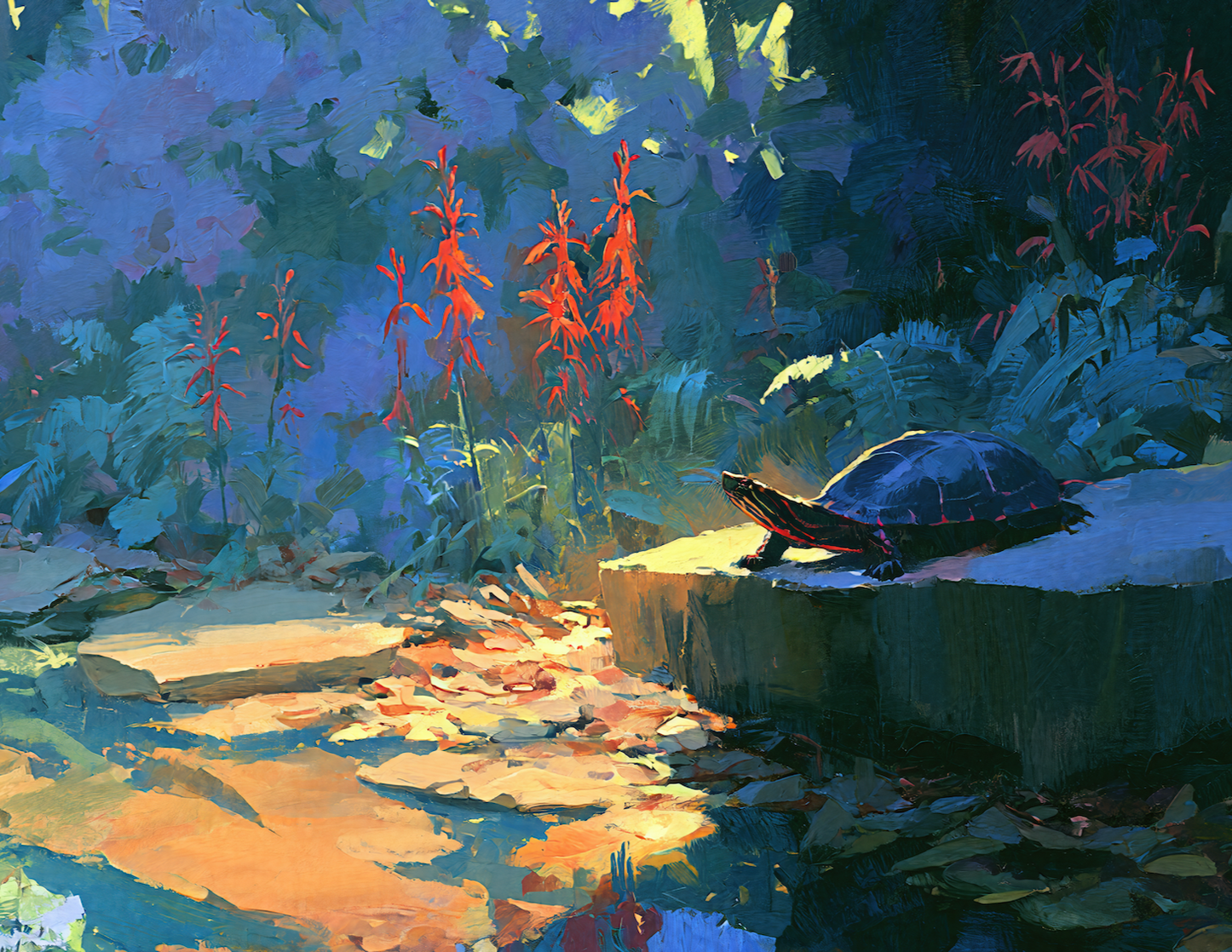 Turtle and cardinal flowers lake canvas art with blue-green shade