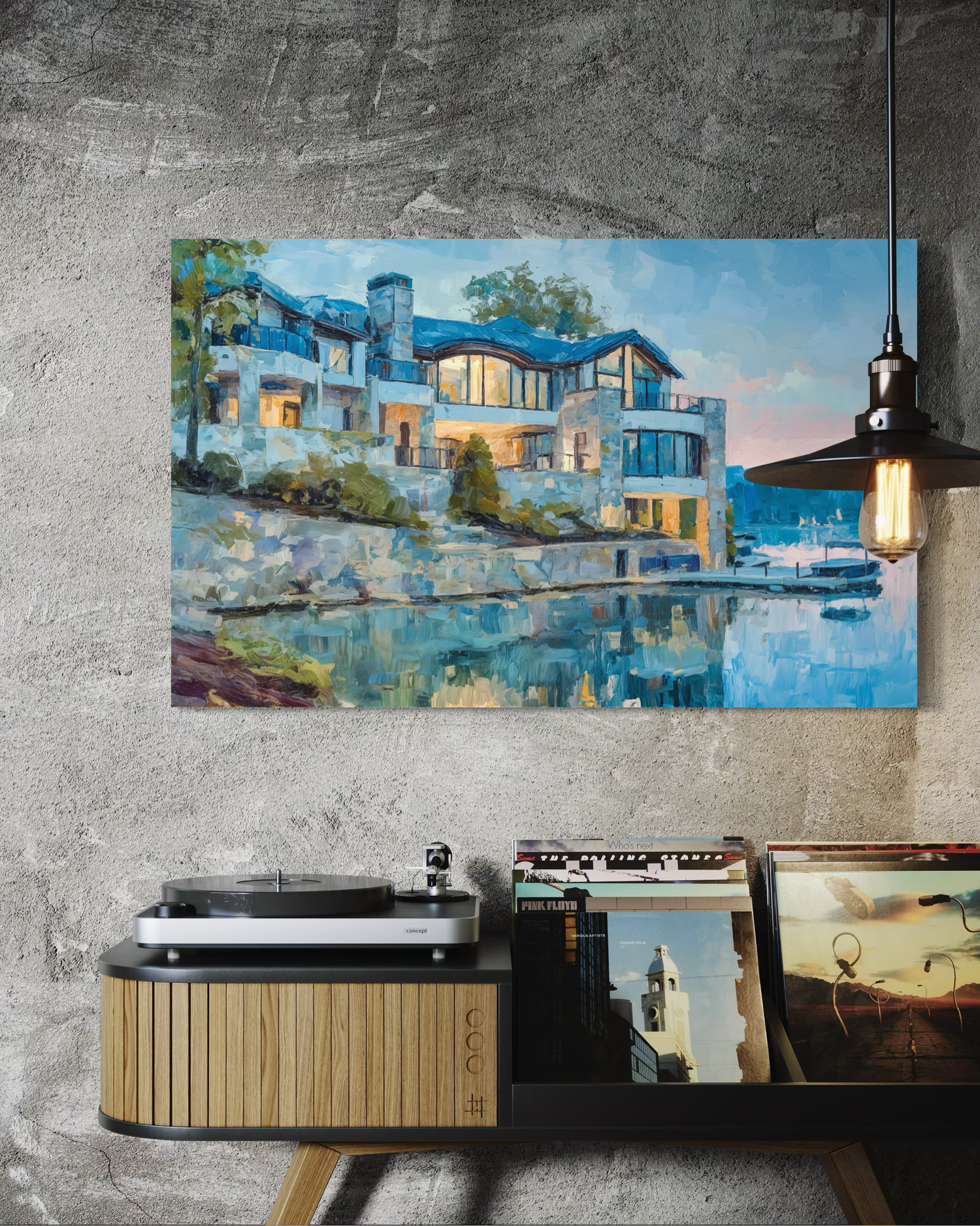 Custom lake house portrait on gallery-wrapped canvas displayed above a record console