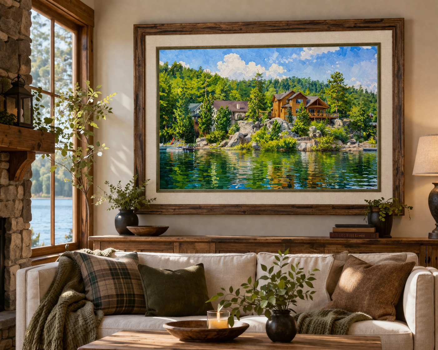 A cozy living room with a white sofa, plaid and brown cushions, a wooden coffee table with a plant and a candle, a large framed painting of a lakeside house and trees, and a window showing a lake with trees outside.