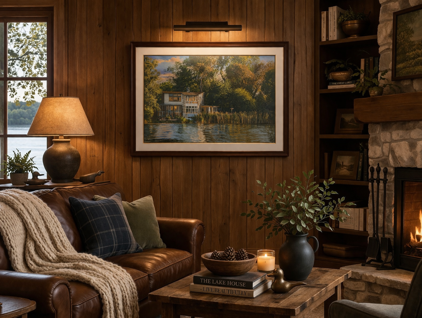 Cozy living room with wood-paneled walls, a large framed landscape painting, a leather sofa with pillows and a knitted blanket, a wooden coffee table with books, a vase with greenery, a candle, and a fireplace with fire, decorated with books and artwork.