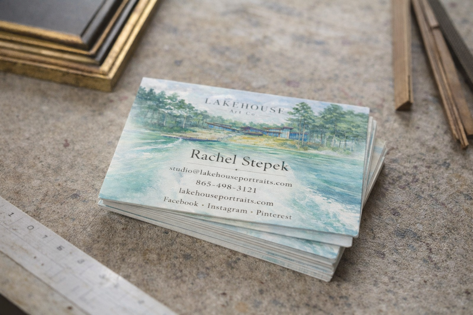 Stack of business cards for Rachel Stepek from Lakehouse Art Co featuring a watercolor landscape of a lake with trees and a building.