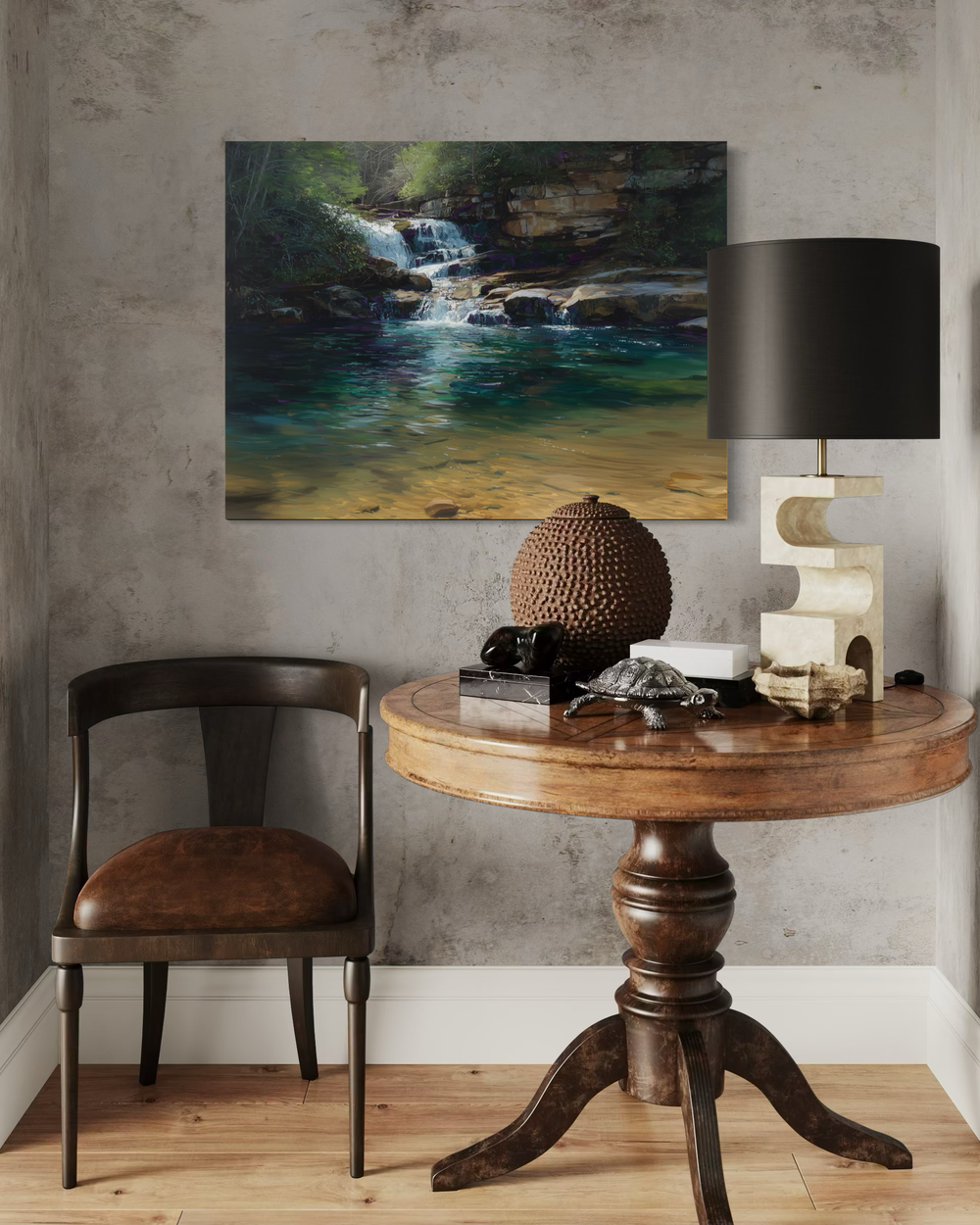 Where the Rain Runs In Canvas print displayed in a room above a wood console