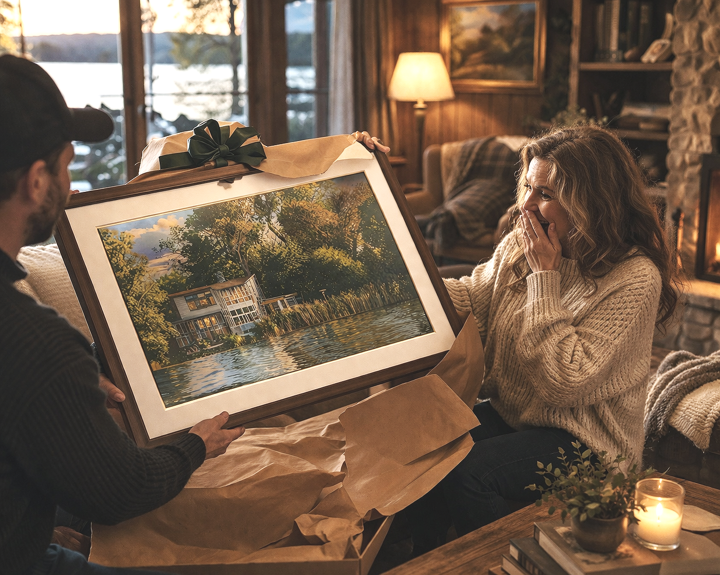 A woman in a beige sweater reacts happily as a man presents her with a framed artwork of a house by a lake, inside a cozy wooden living room.
