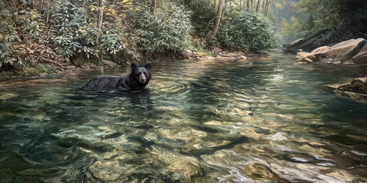 Black bear swimming near a Lake Keowee bank at day's end