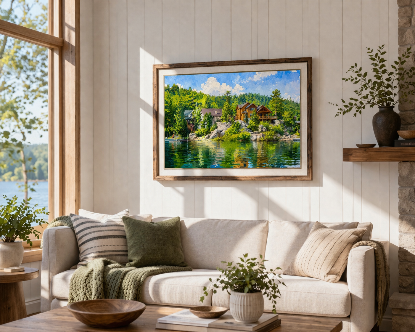 A cozy living room with a neutral couch, green and striped pillows, a knitted green throw, a potted plant, a wooden coffee table with bowls and books, large windows showing trees and water outside, a framed landscape painting of houses near a lake, and natural decor elements.