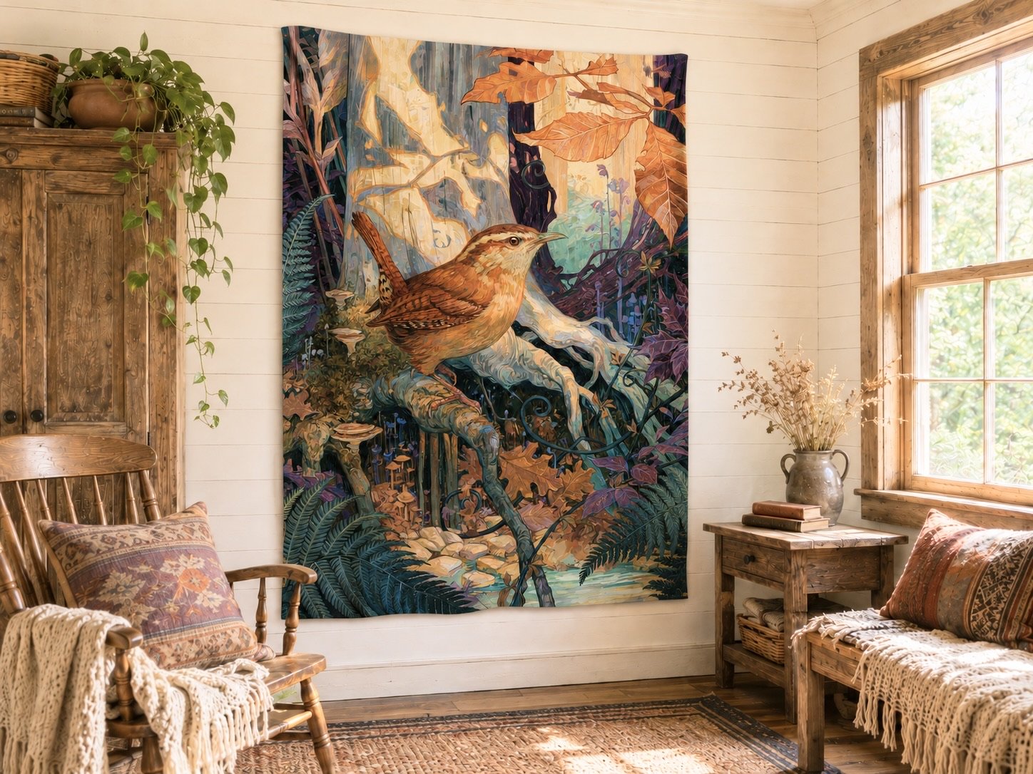 RS-2026-Carolina-Wren-in-the-Beech-Roots-Lakehouse-Goods-Rachel-Stepek-MOCKUP-01-Appalachian Room with large tapestry.jpeg