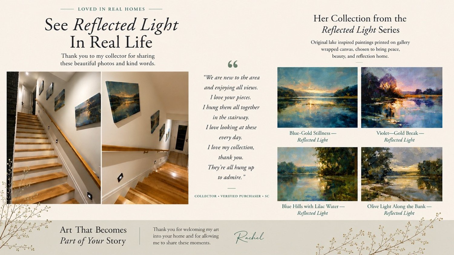 Four Reflected Light canvases installed together along a collector's home staircase