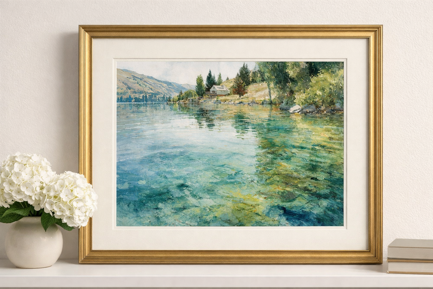Custom lake artwork shown in a gold frame
