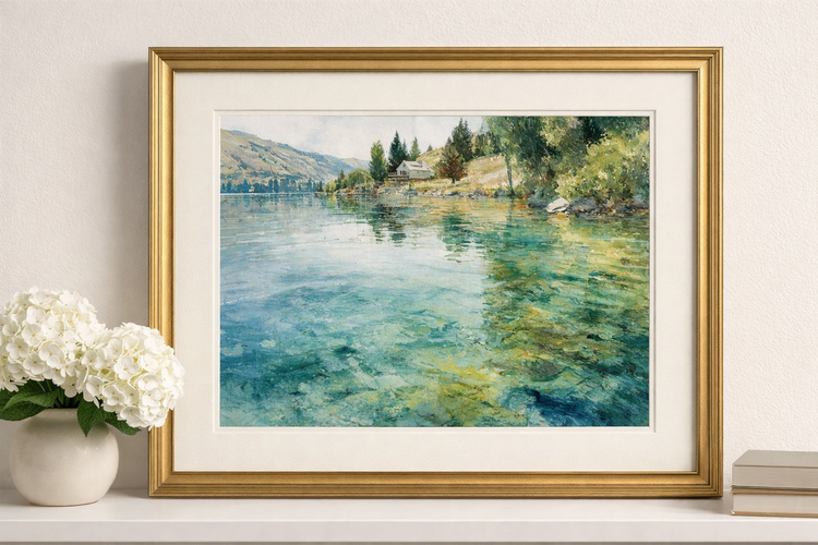 Framed custom lake house watercolor artwork in a gold frame