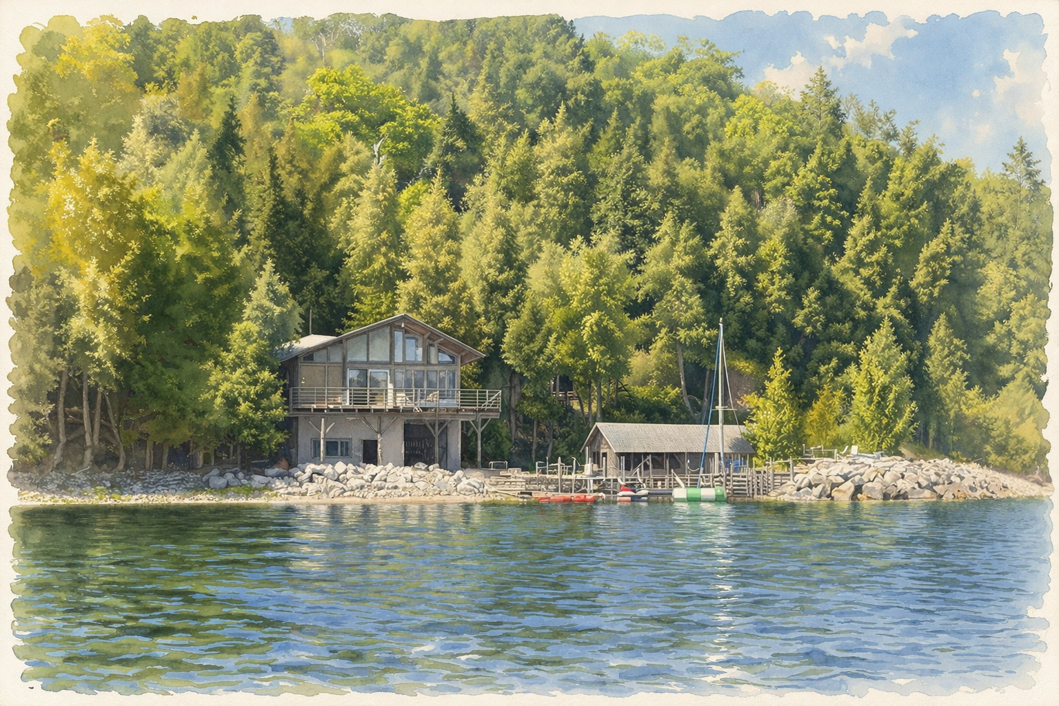 A watercolor painting of a lakeside scene with a house built on stilts, trees, and a small dock with a sailboat, surrounded by a forested hillside.