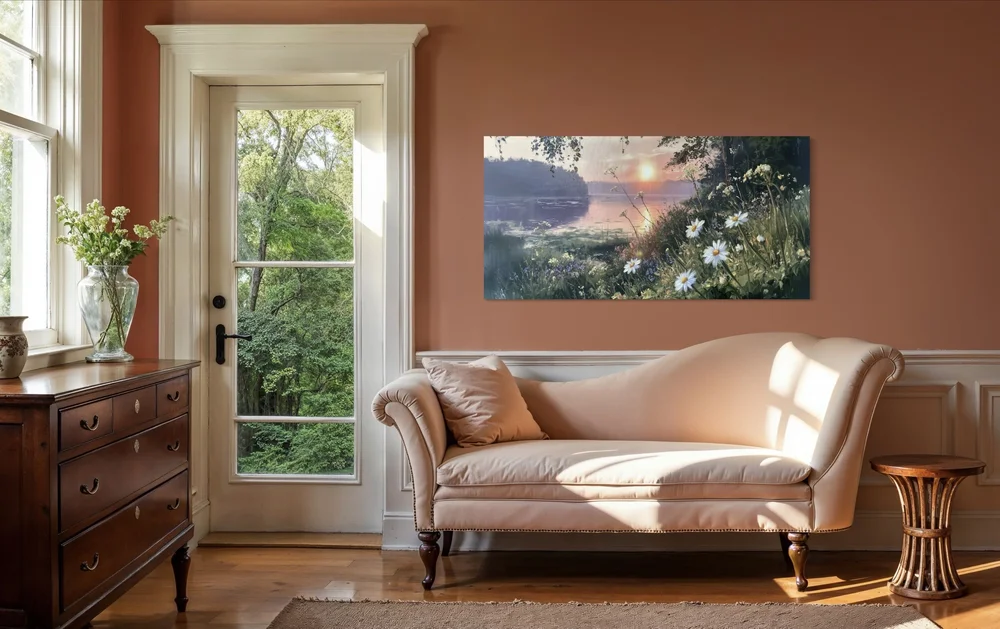 High Top Evening Daisies canvas styled in a warm sitting room