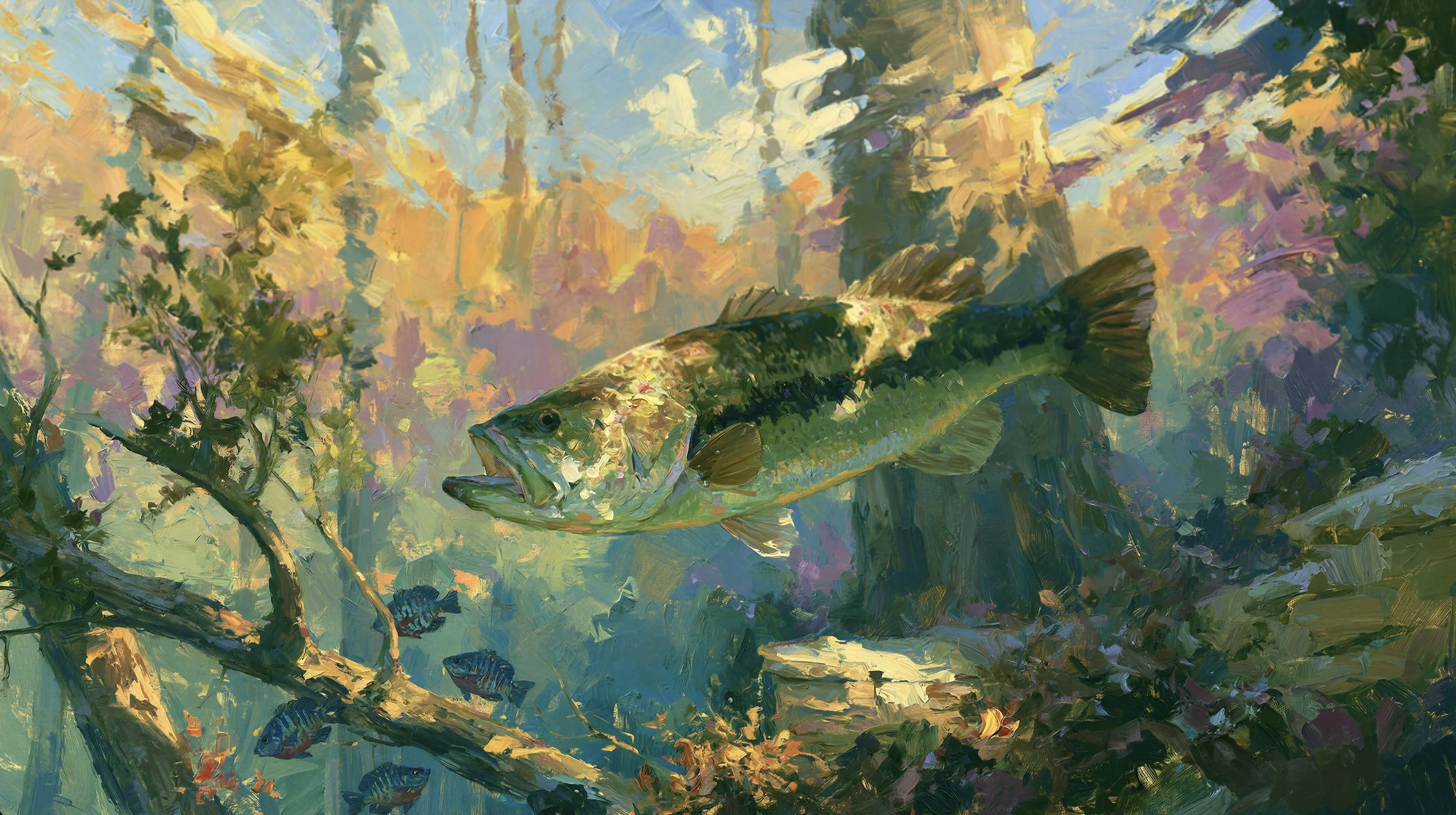 Largemouth Bass in Sunlit Water with branches, clear water, and reflected color