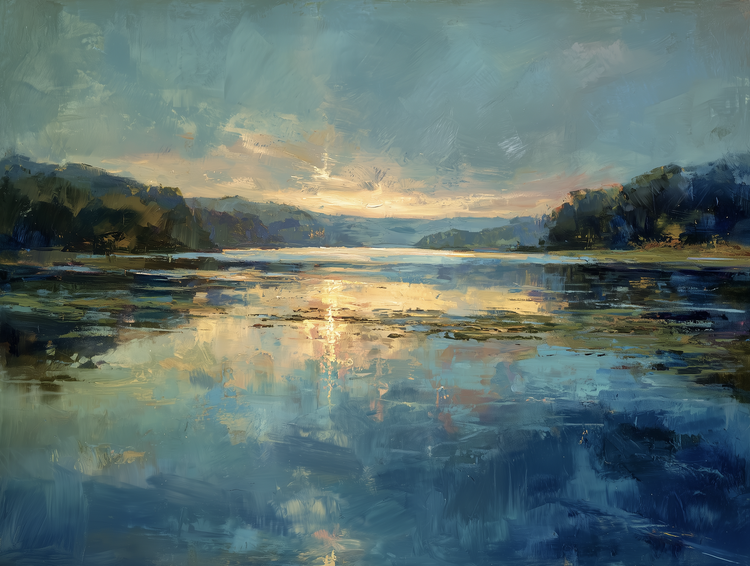 Blue-Gold Stillness reflected lake light canvas print