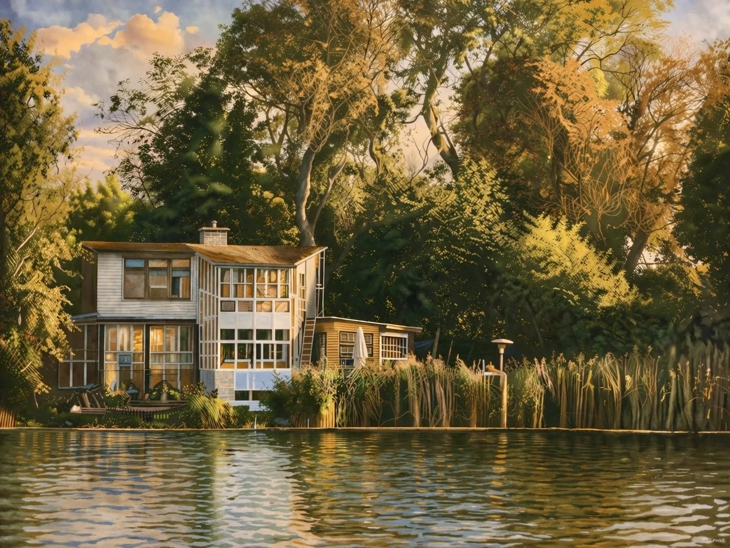 A house by a body of water surrounded by trees and greenery during sunset.