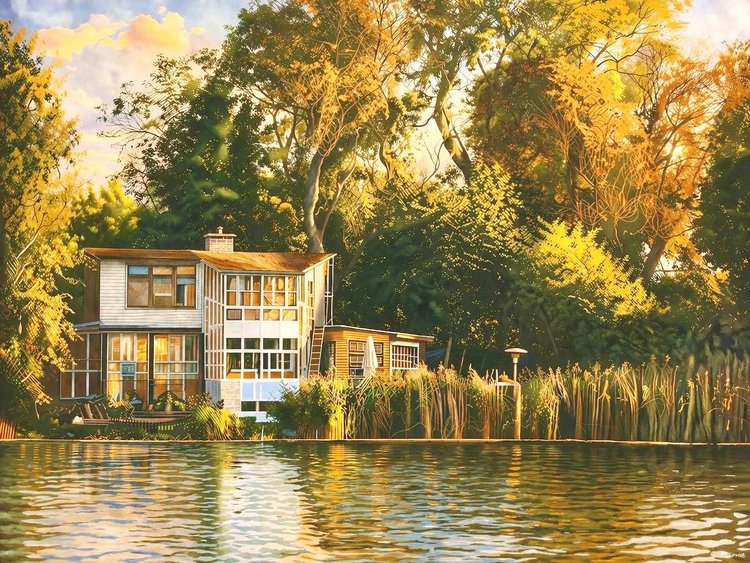 Painterly custom lake house artwork created from a waterfront reference
