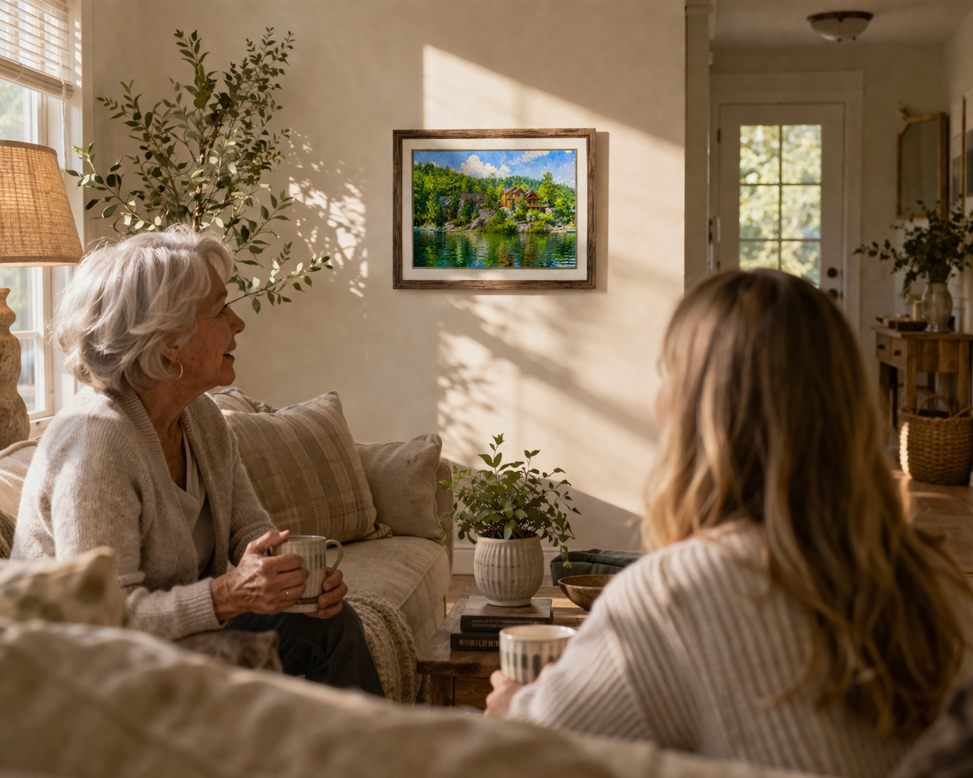 An elderly woman and a young woman sit on a beige couch in a cozy living room, drinking coffee and talking. Sunlight streams through windows, casting shadows on the wall behind them with a landscape painting hanging. There are plants, a lamp, and wooden furniture in the room.