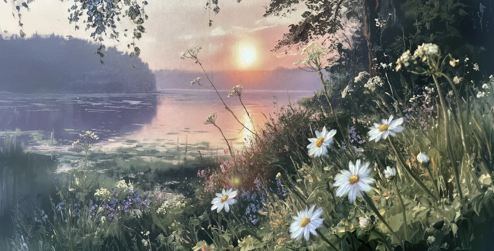 High Top Evening Daisies lake sunset canvas art
