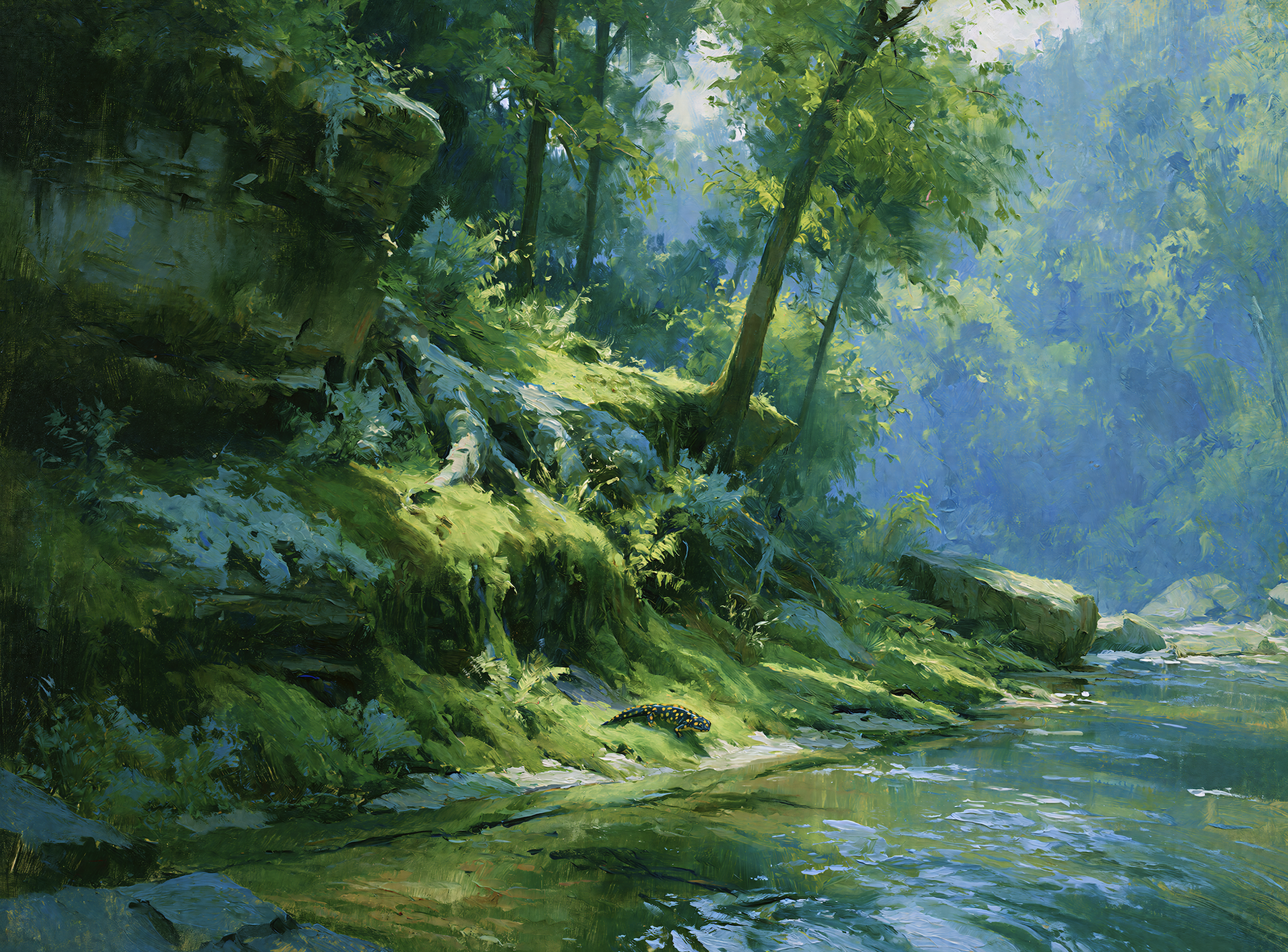 Lake canvas art with mossy wooded bank and reflected freshwater light