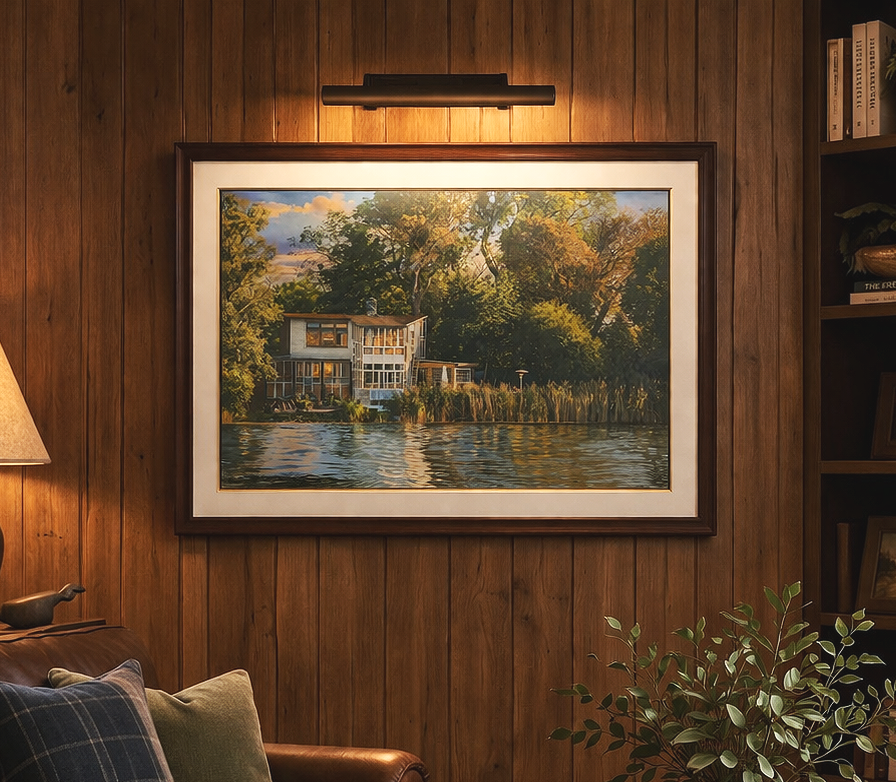 A framed painting of a lakeside house surrounded by trees, hung on a wood-paneled wall in a cozy living room with a lamp, bookshelf, and a plant visible.