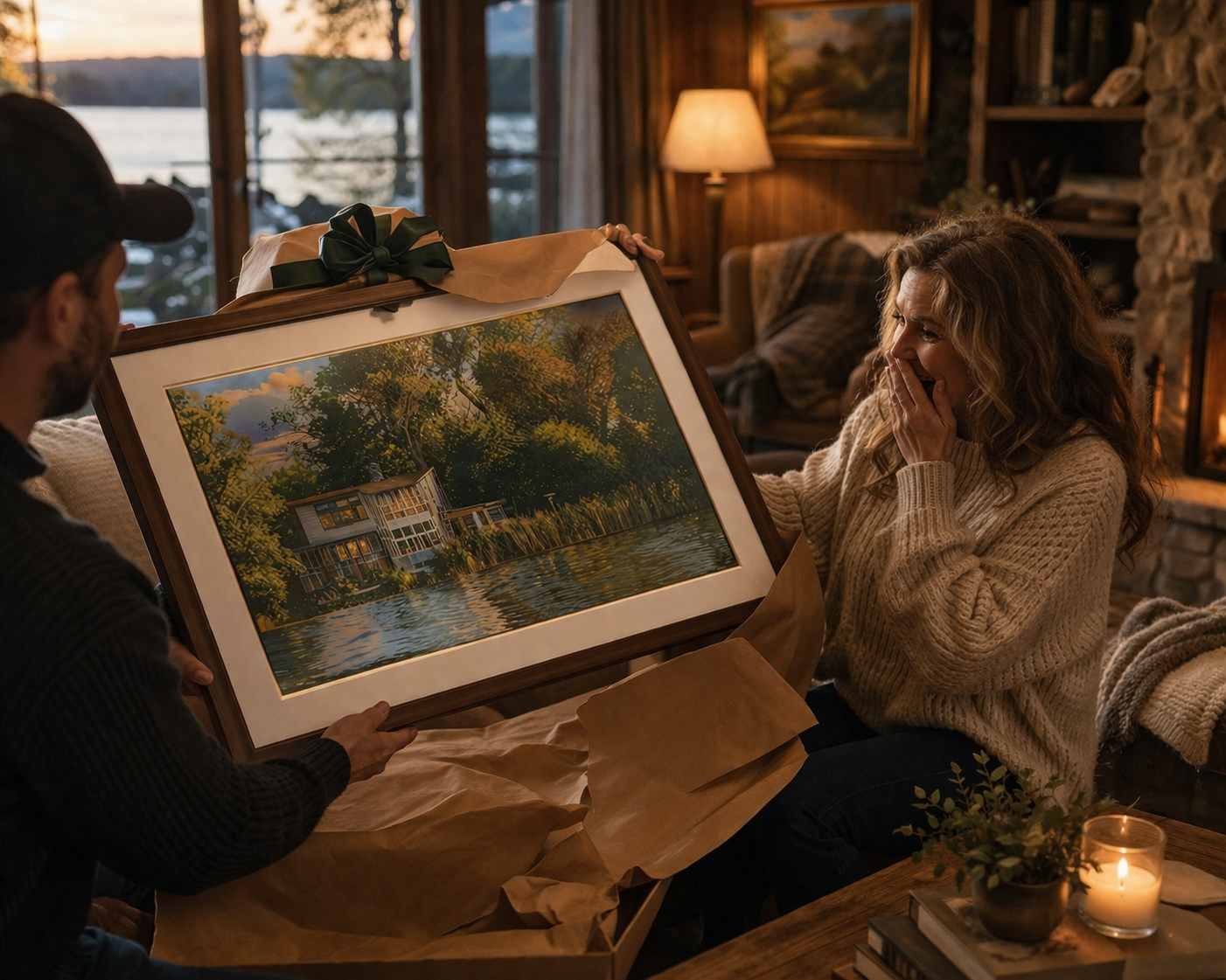 A woman reacting with surprise and joy as a man presents her with a framed painting of a house by a lake surrounded by trees in a cozy, warmly lit living room.