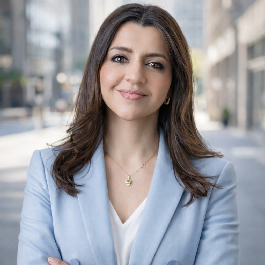 Professional woman with brown hair smiling outdoors in an urban setting.
