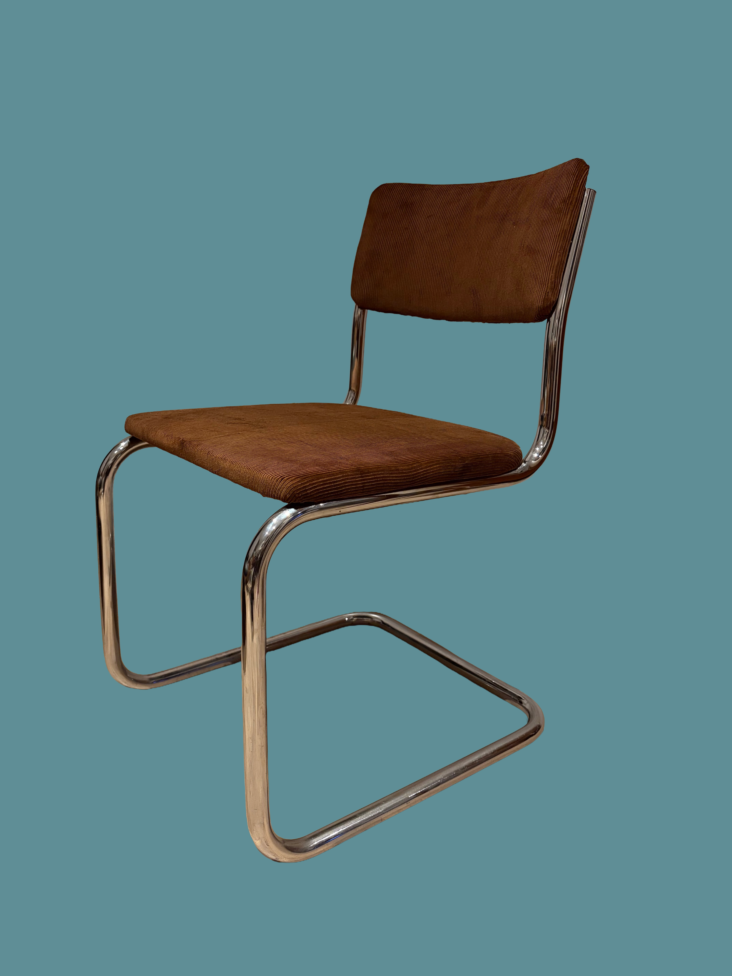 Newly Upholstered Corduroy Chrome Cantilever Chair, c1970