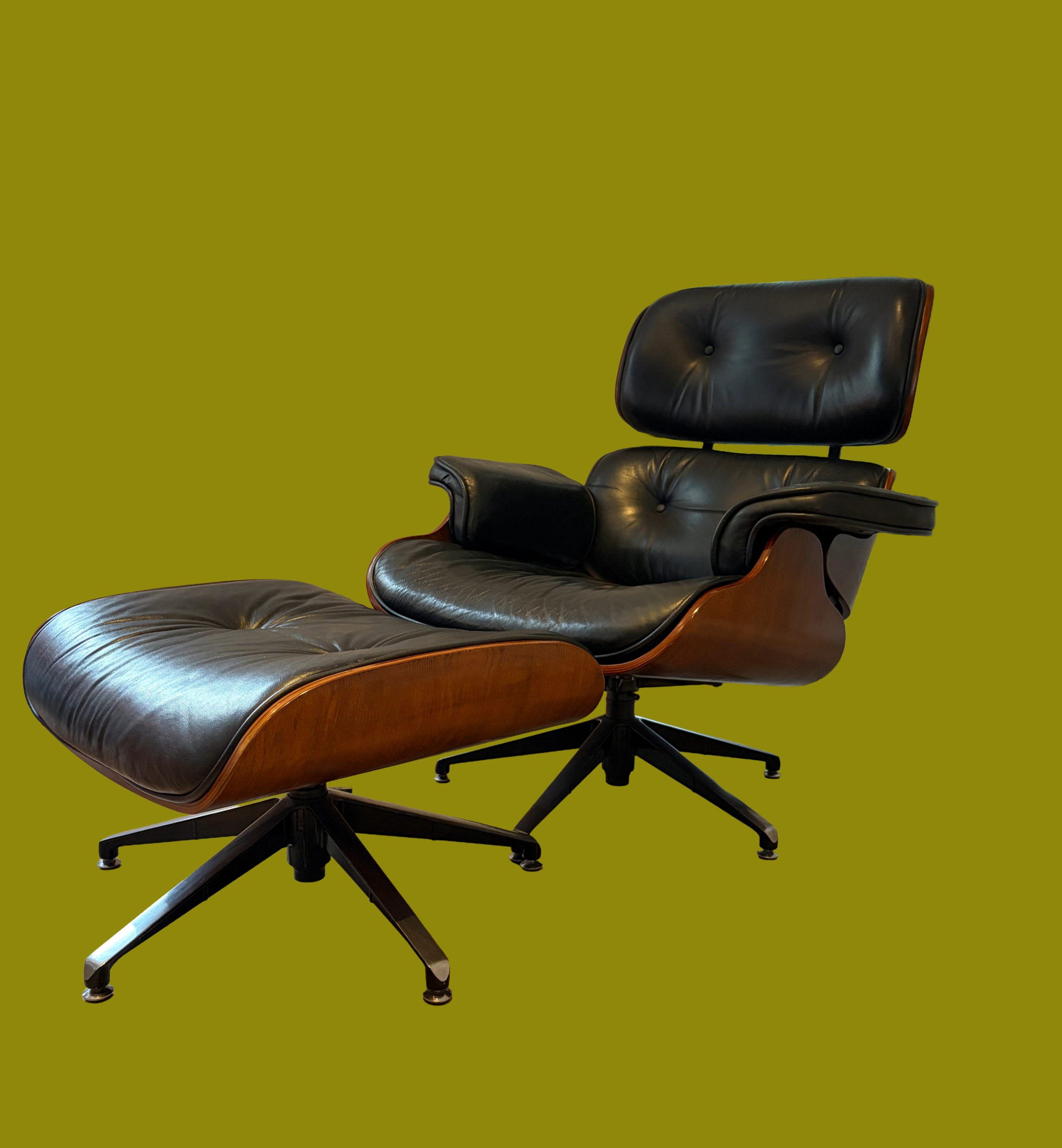 Black Leather & Rosewood Eames Style Lounger