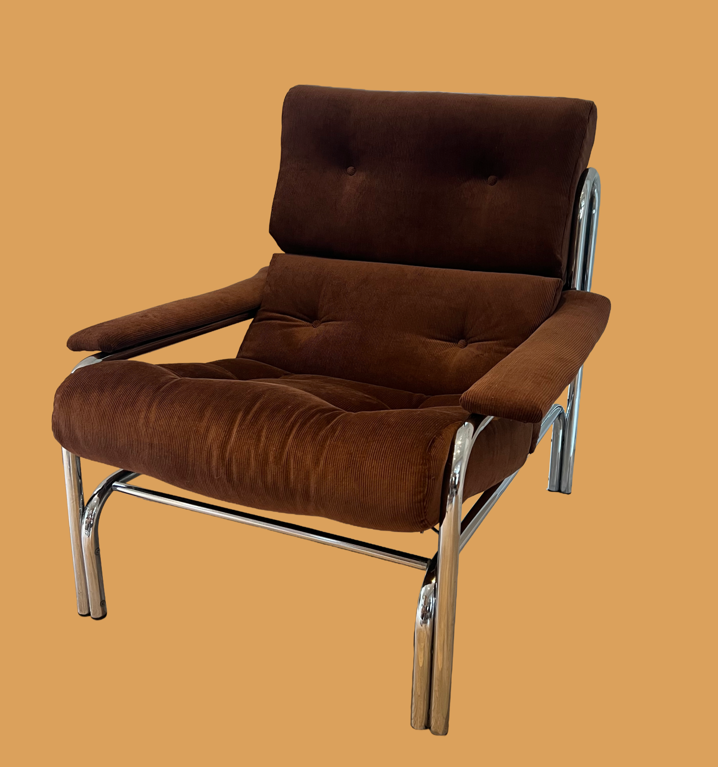 Pieff Alpha Chrome Armchair in Newly Reupholstered Brown Corduroy