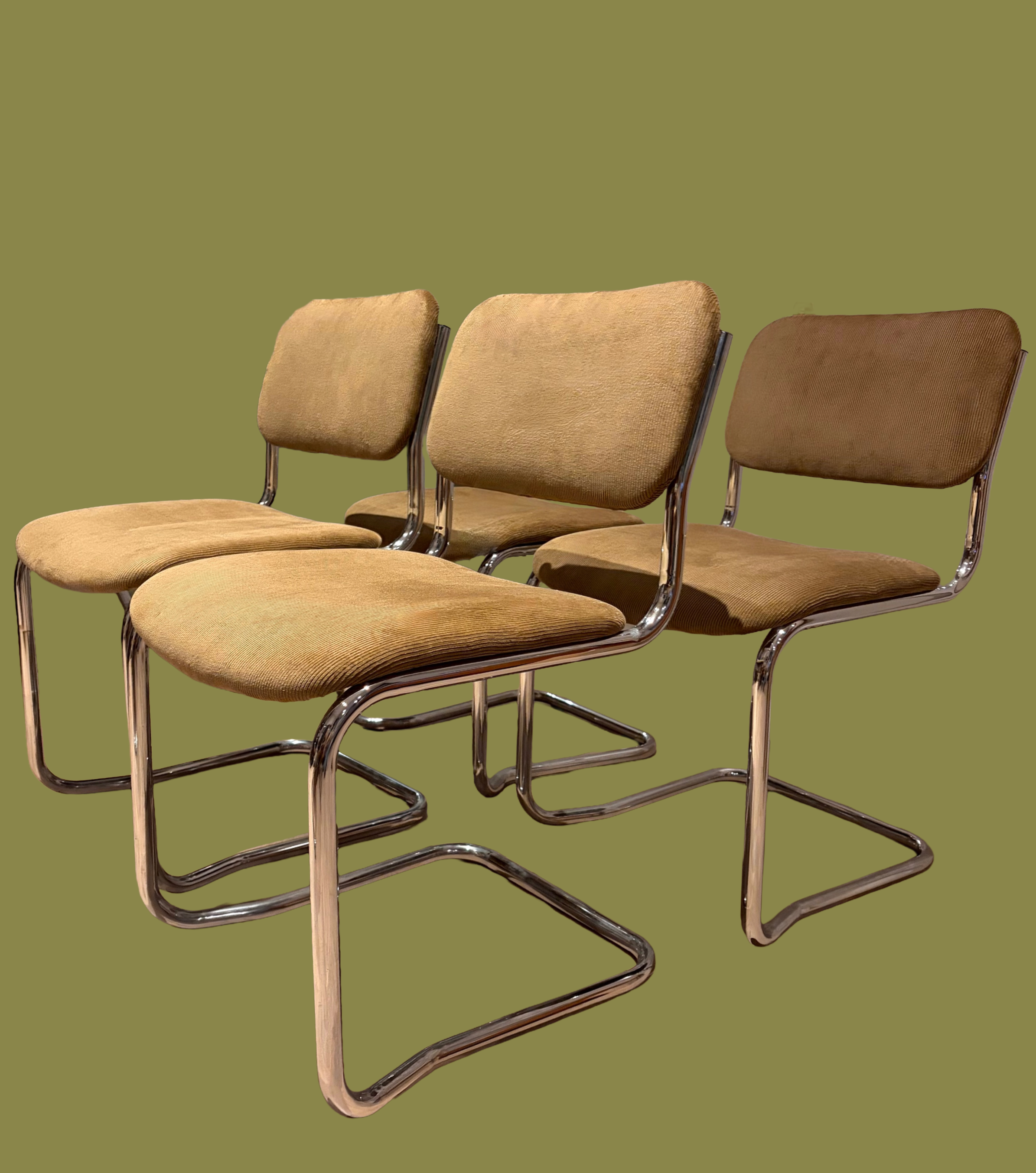 Set of Four Reholstered Chrome Cantilever Stone Corduroy Chairs, c.1980