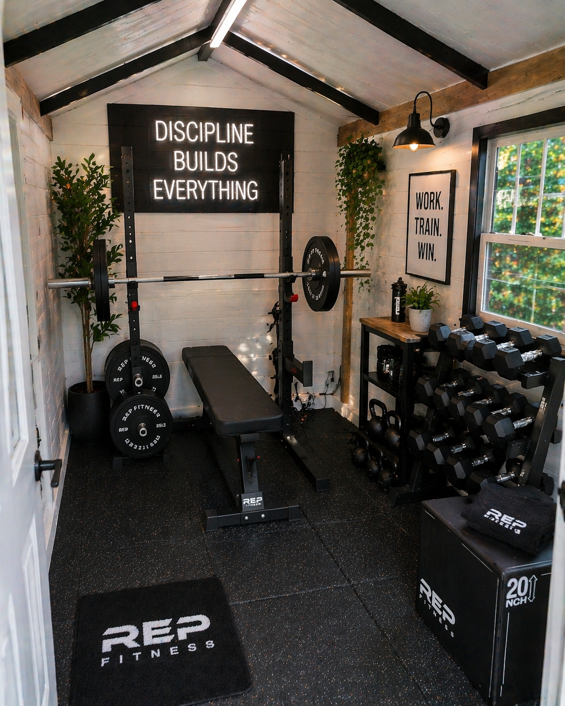 Home gym with weightlifting equipment, a neon sign that reads 'Discipline Builds Everything', a framed motivational poster that says 'Work. Train. Win.', a weight bench, dumbbells, kettlebells, and a punching bag, with greenery and motivational decor.