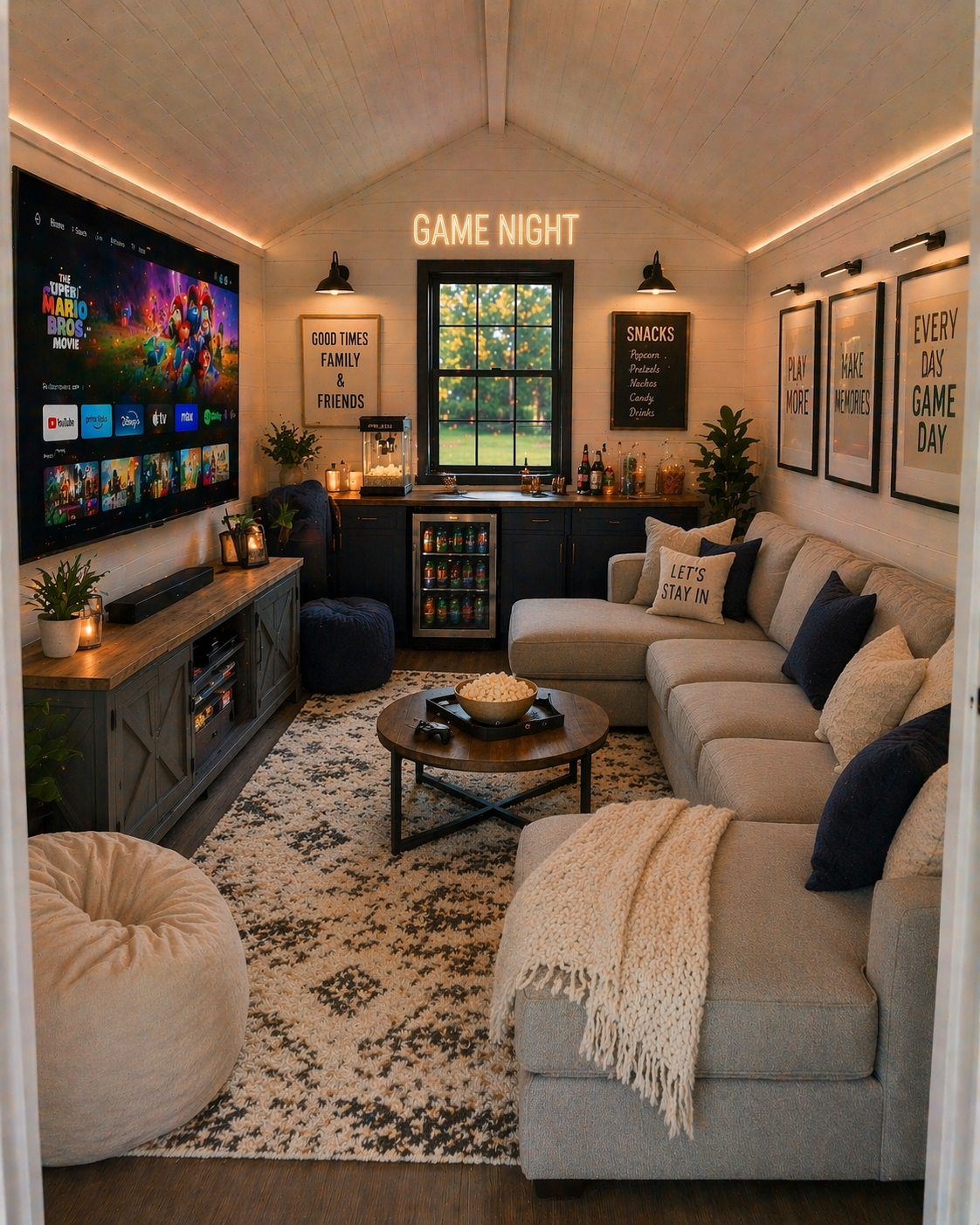 Cozy living room with a large beige sectional sofa, dark wood coffee table with popcorn and game controllers, TV displaying animated movie, and wall decor with quotes. There is a window showing outdoor greenery, and the room is lit with warm lighting and string lights.