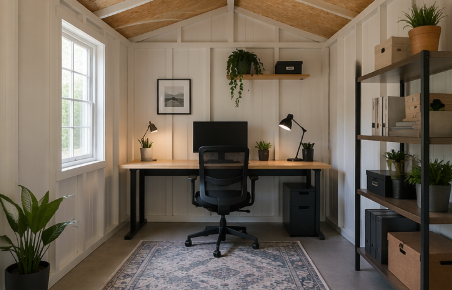 Home office with a desk, office chair, shelves, and potted plants
