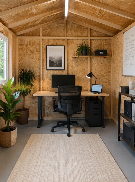 Home office with wooden walls and ceiling, a desk with a computer, laptop, and desk lamp, potted plants, a framed black-and-white photo, and a whiteboard on the wall.