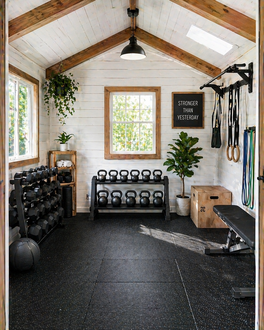 Home gym with black kettlebells on a rack, dumbbells on a shelf, exercise bands and gymnastics rings hanging on the wall, a workout bench, a plyometric box, plants, and motivational sign that says 'Stronger Than Yesterday.'