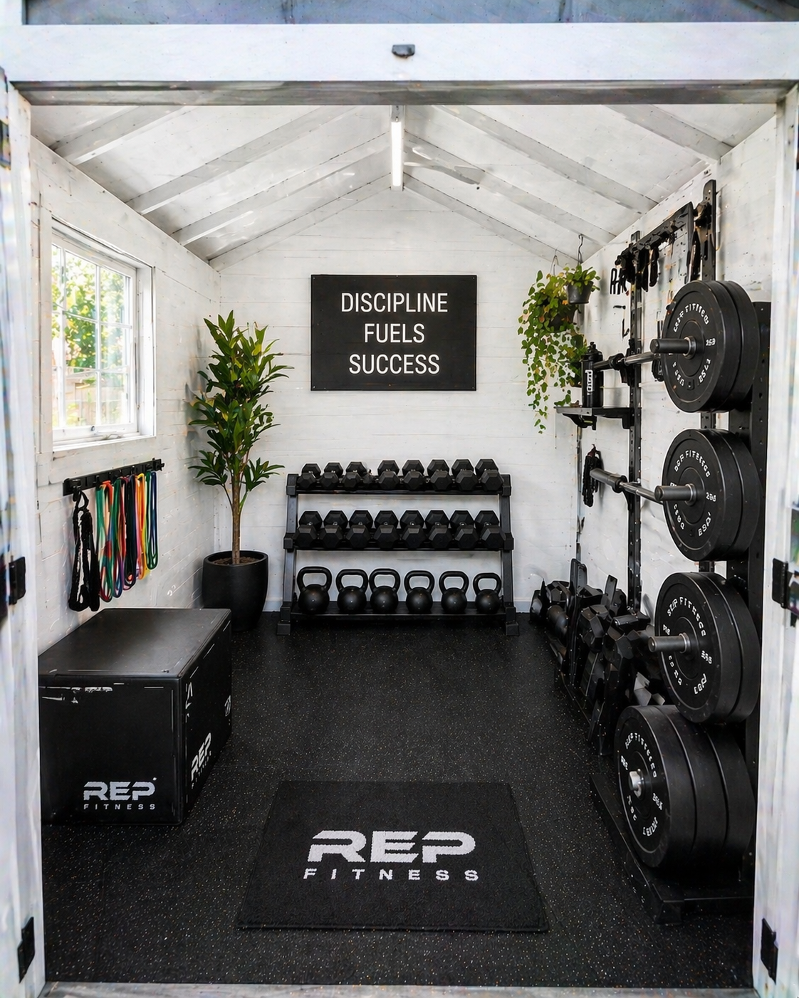 A compact home gym with white wooden walls, featuring a motivational sign that reads 'Discipline Fuels Success', kettlebells, dumbbells, weight plates, resistance bands, a multi-functional rack, and potted plants. The space has a black rubber floor, a window on the left, and the gym brand 'REP Fitness' on a mat and equipment.