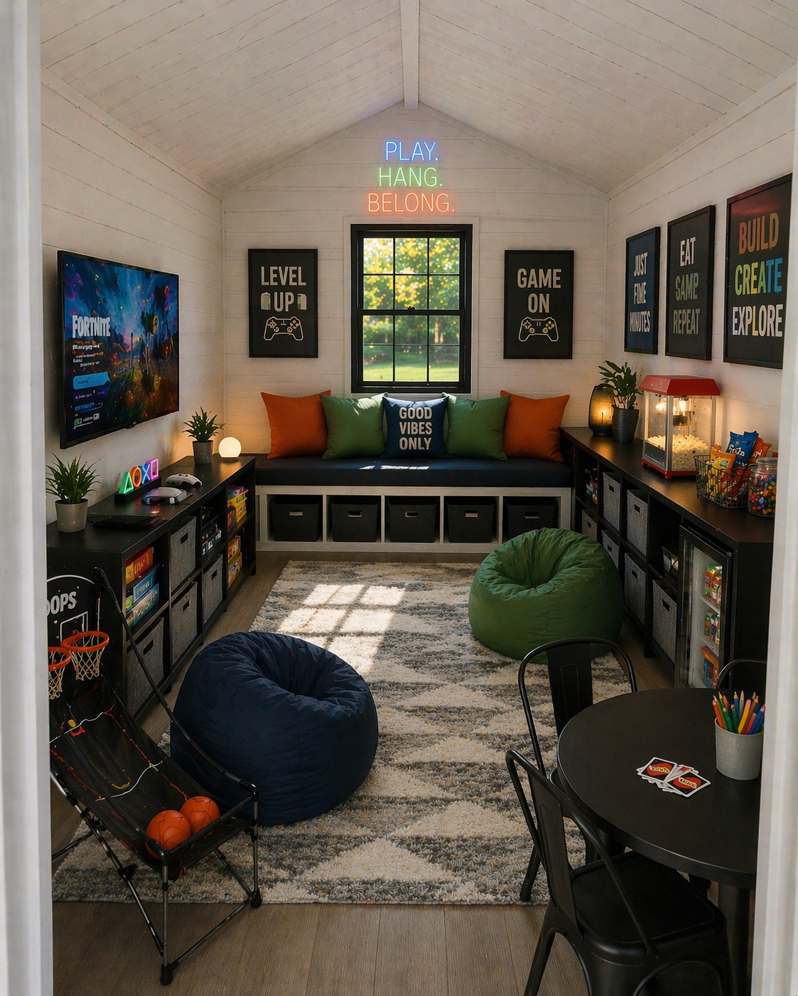 A cozy game room with a mounted TV, colorful play area, bean bags, and decor with gaming and outdoor themes. Sunlight streams through a window.