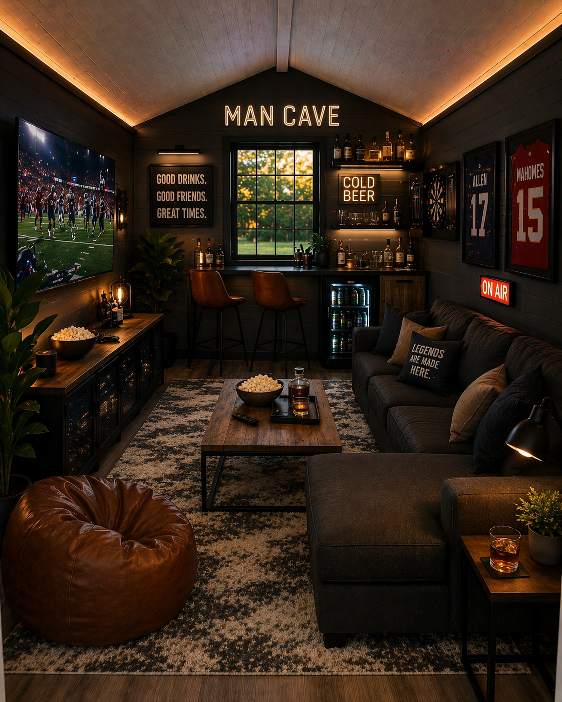 Cozy man cave with dark wood walls and ceiling, featuring a TV, bar area with bottles, dartboard, sports jerseys, plush sofa, leather pouf, popcorn bowls, drinks, and illuminated signs reading "MAN CAVE," "COLD BEER," and "ON AIR."
