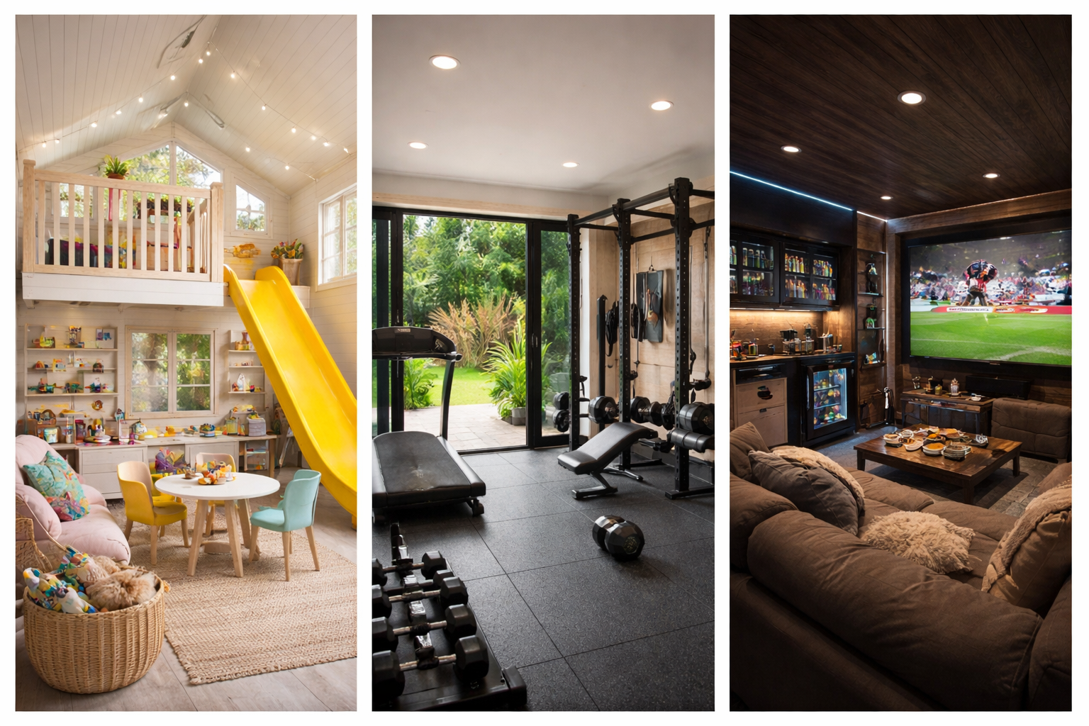 Three interior spaces: a playroom with a balcony, slide, and toys; a home gym with fitness equipment and a view of a garden; a media room with a large TV, couches, and a sports game on screen.