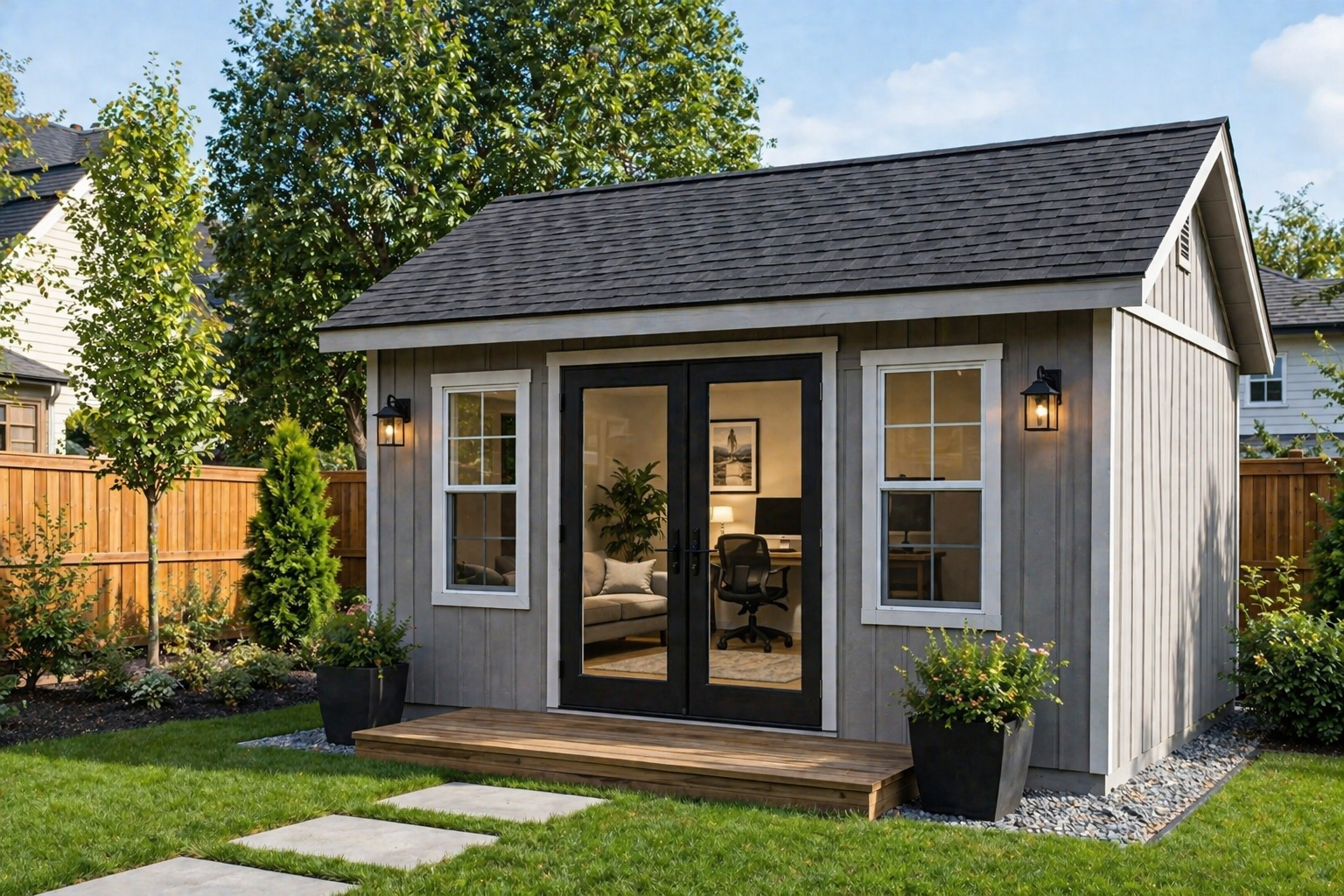 Small gray backyard shed with black double doors, two large windows, wooden steps, and outdoor wall lights, surrounded by greenery and a wooden fence.