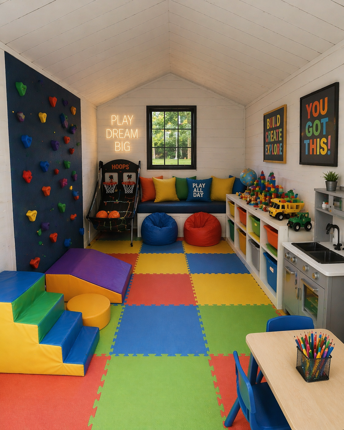 Colorful children's playroom with climbing wall, soft foam blocks, a basketball arcade game, bean bags, toy trucks, a small kitchen, and a table with colored pencils. Bright multicolored foam tiles cover the floor. Wall decor includes motivational art and signs.