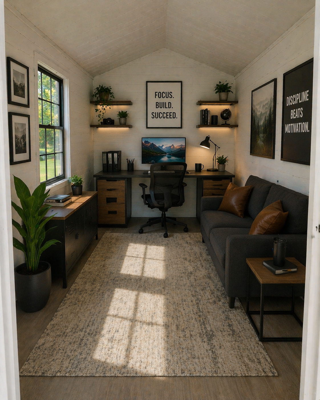 Modern home office with black desk, ergonomic chair, gray sofa with brown pillows, wooden side table, framed motivational posters, potted plants, and natural light from two windows.