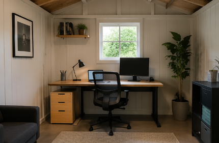 Home office with wooden desk, black chair, computer monitor, bookshelf, potted plant, and window with greenery outside.