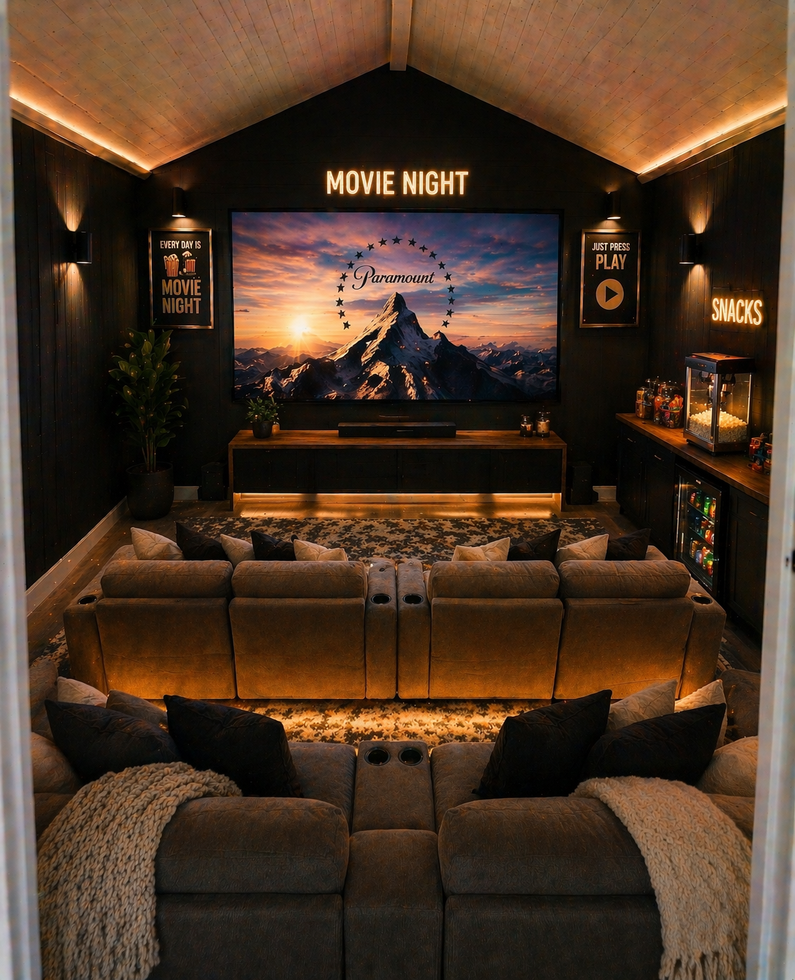 A cozy home theater room with two large couches, a big screen displaying a mountain scene, and various movie-themed signs and snacks. The room has dark walls, warm lighting, and a high, wood-paneled ceiling.