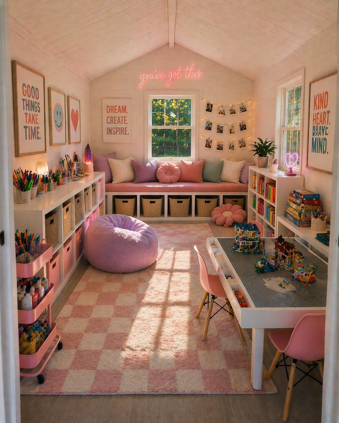 A colorful children's craft and playroom with a pink and pastel color scheme, featuring a window seat with cushions, shelves filled with toys and books, a rug, and wall decor with inspirational quotes.